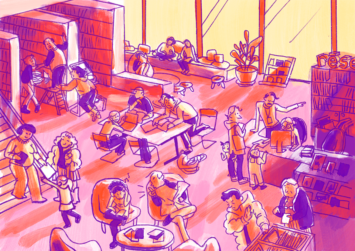 Illustration de médiathèque en 4 couleurs